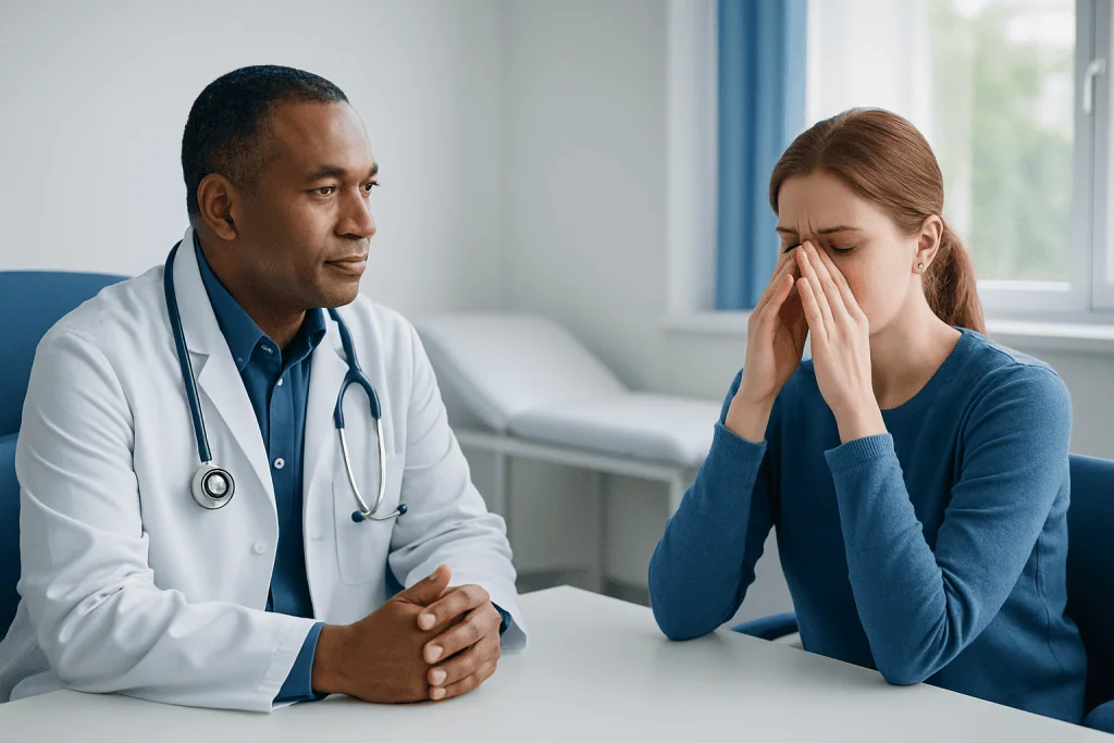 Doctor consulting with a woman experiencing nasal congestion in a clinic.