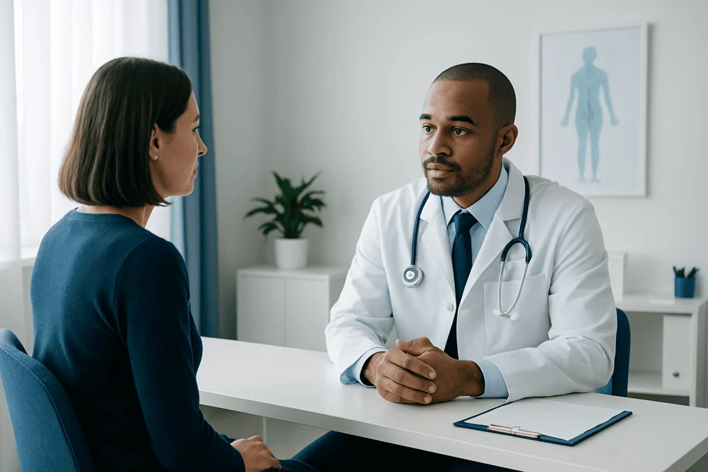 Doctor consulting with a patient in a modern medical office.