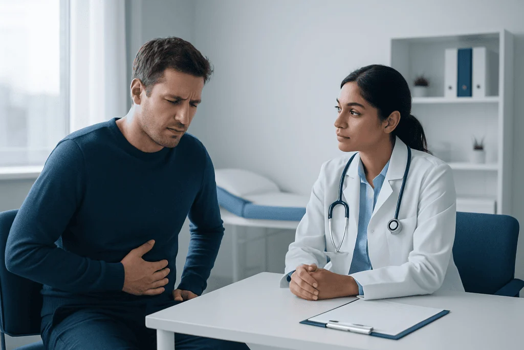 Patient consulting with doctor about digestive issues in a medical office.