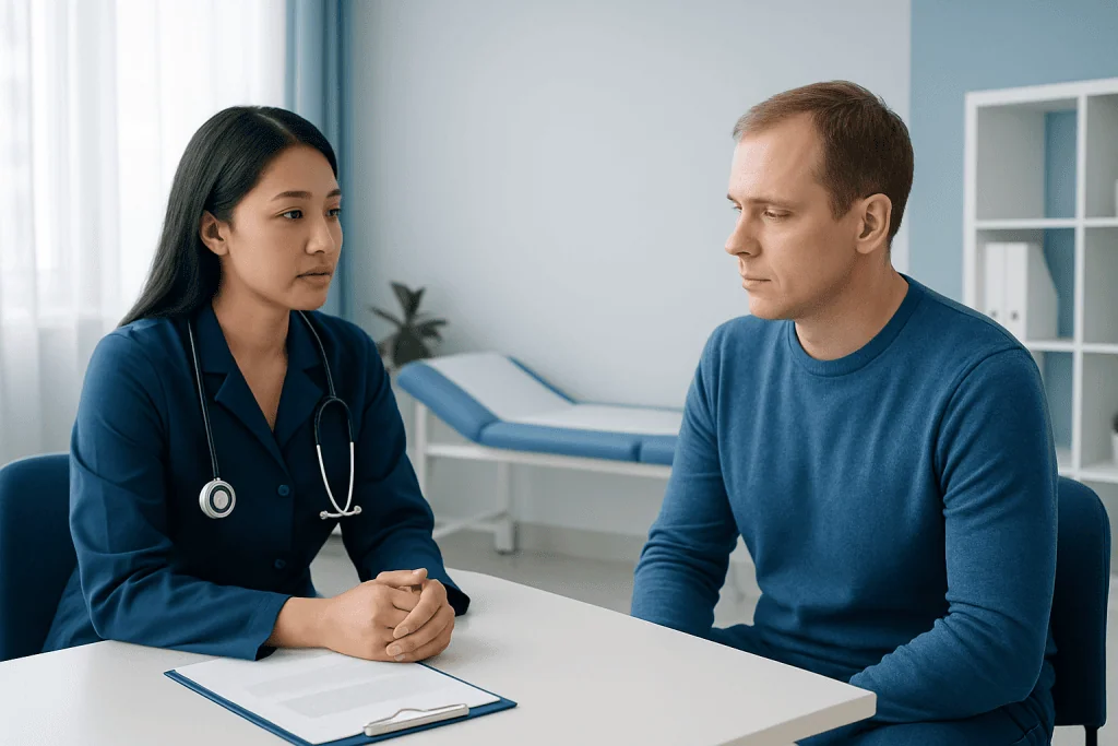 Doctor consulting with male patient in a medical office.