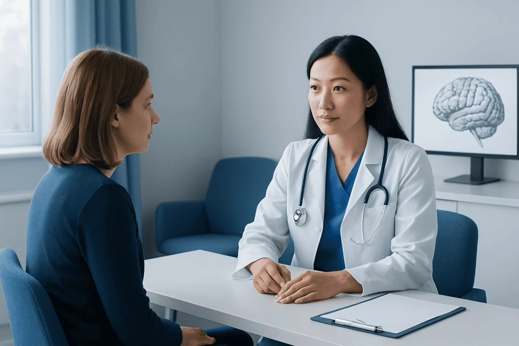 Doctor consulting patient about brain health in a clinical setting.