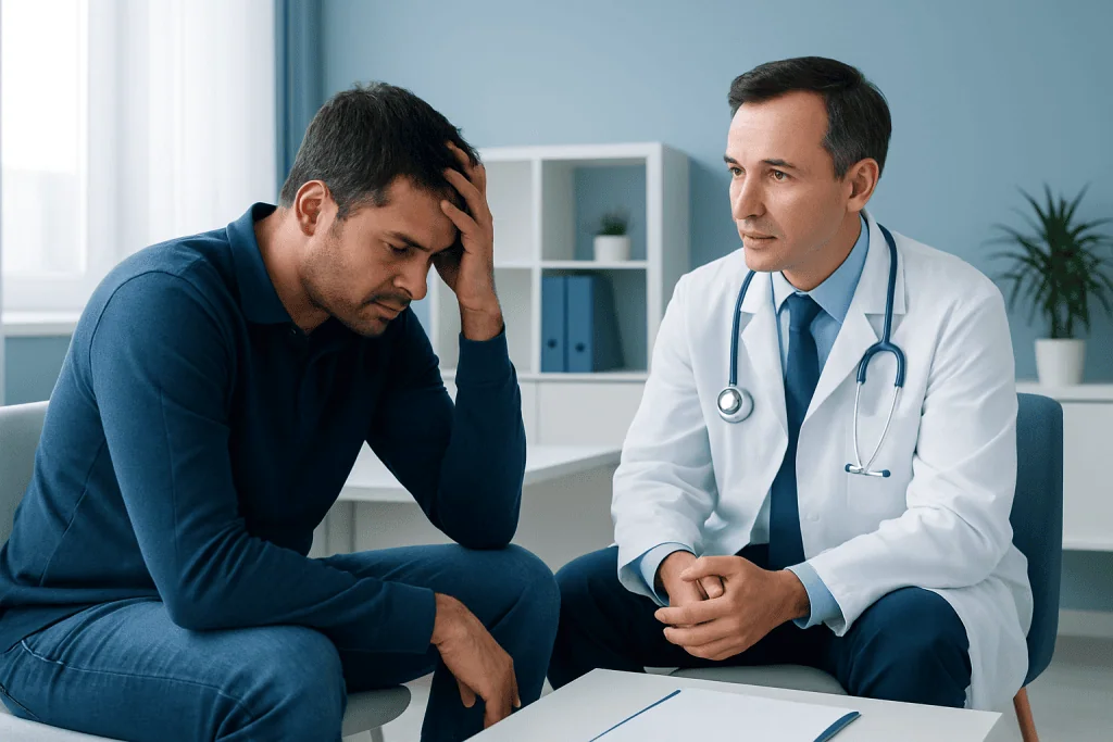 Doctor consulting with a patient experiencing stress or agitation.