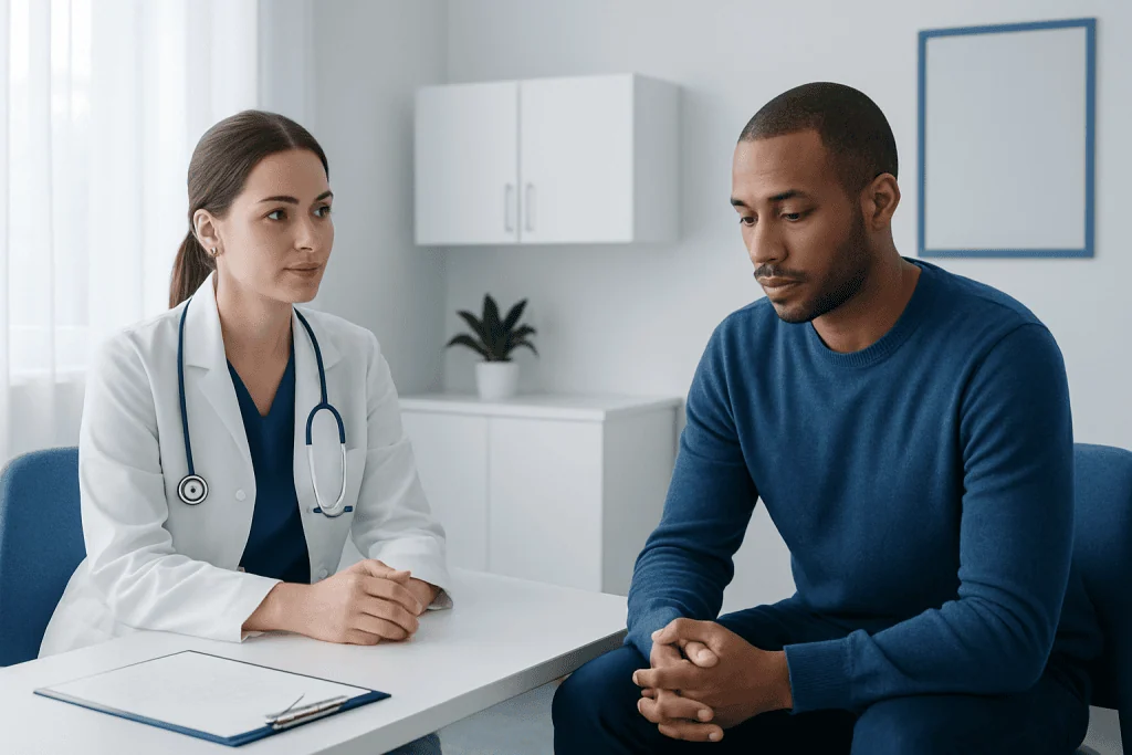 Doctor consulting with a patient in a modern medical office.