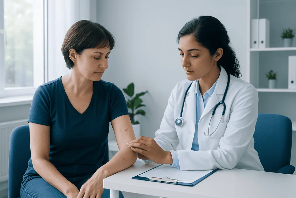 Doctor examining patient's arm in a medical consultation setting.