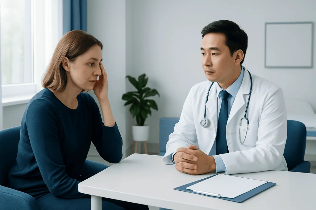 Doctor consulting with a female patient about eye pressure issues.