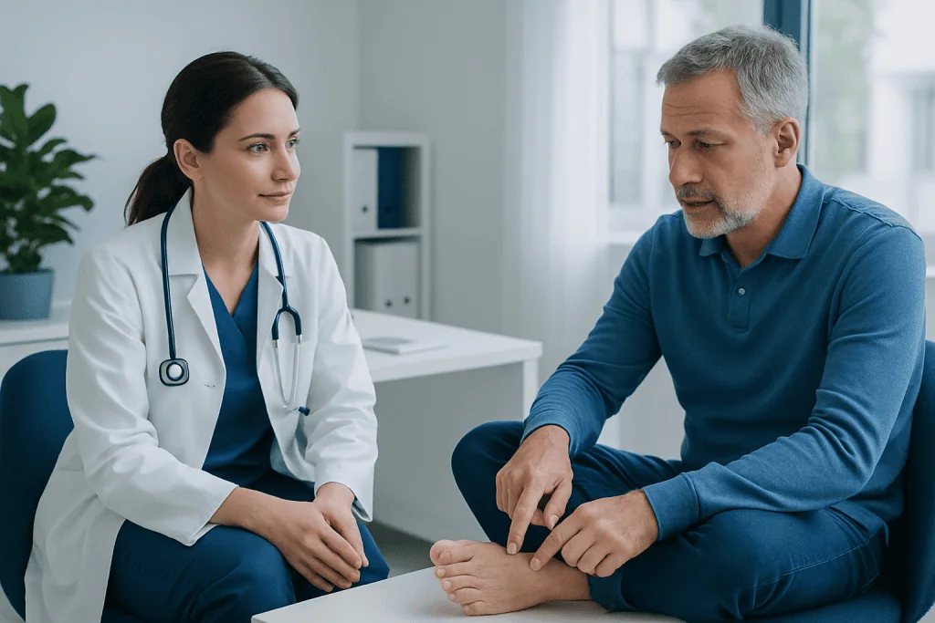 Doctor consulting with patient about foot health in a clinical setting.
