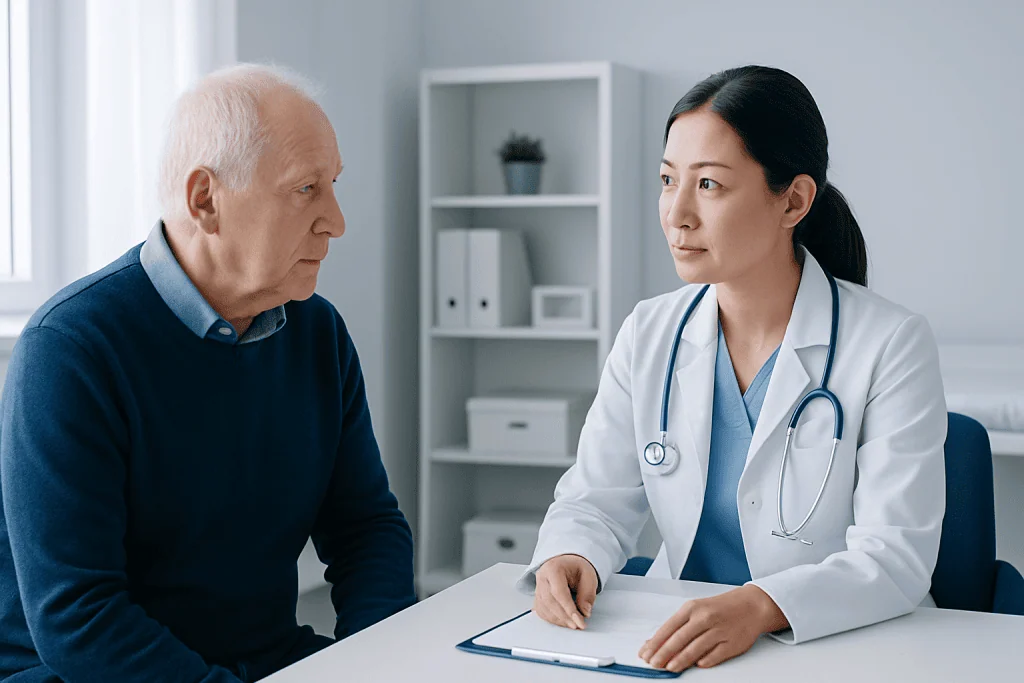 Doctor consulting with elderly patient in a medical office.