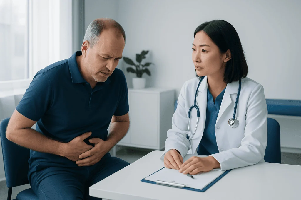 Doctor examining a patient with stomach pain in a clinic setting.