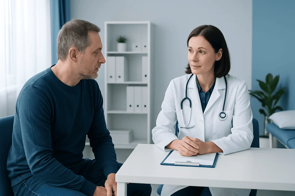 Doctor consulting with patient in a medical office setting.