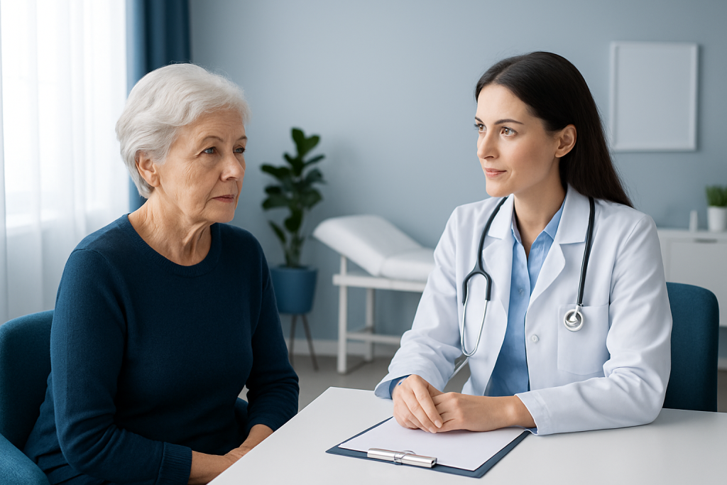 Doctor consulting with elderly woman about wrinkles and skin care.