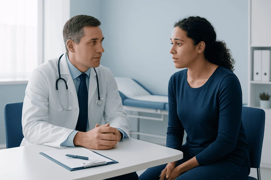 Doctor consulting a patient in a medical office setting.