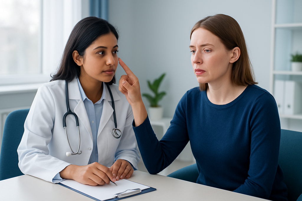 Doctor examining a patient with lip stains in a consultation room.