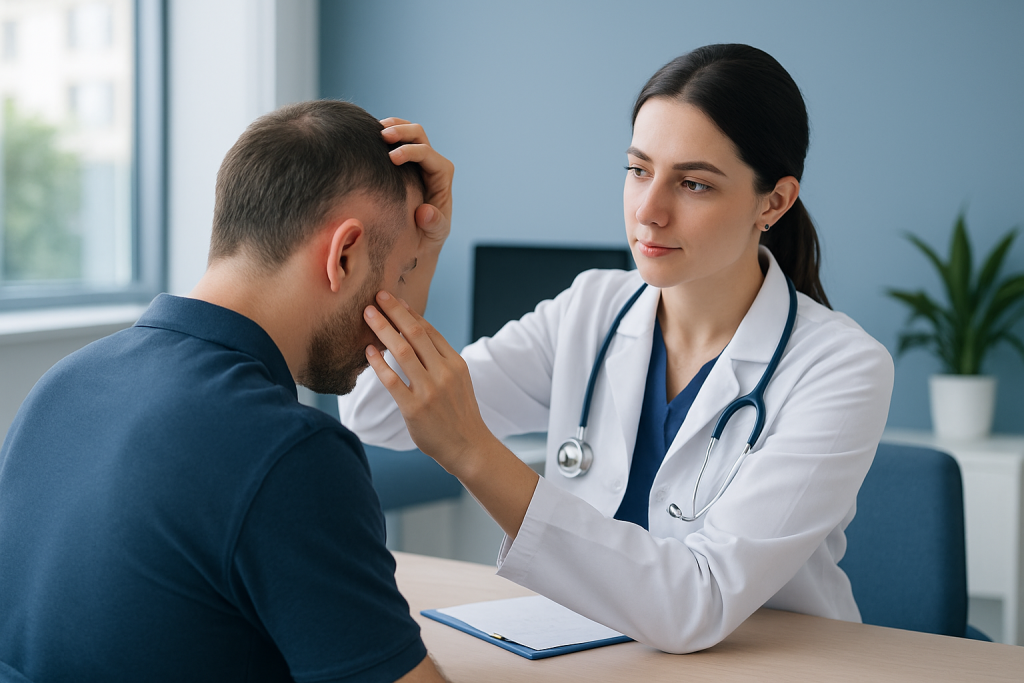 Doctor examining a patient's scalp for eczema symptoms.