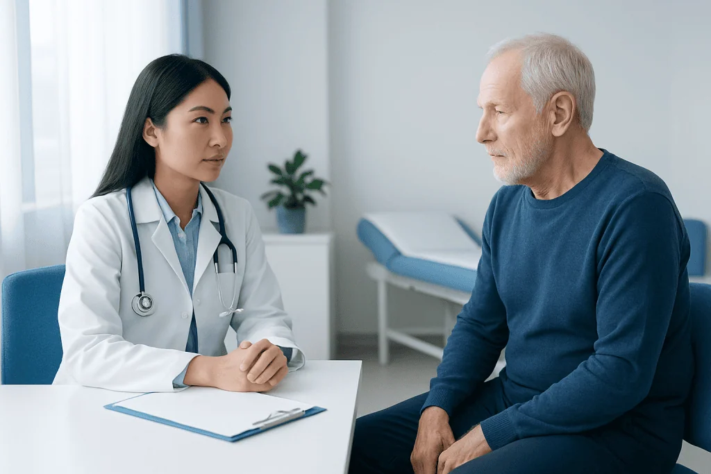 Doctor consulting with an elderly male patient in a medical office.