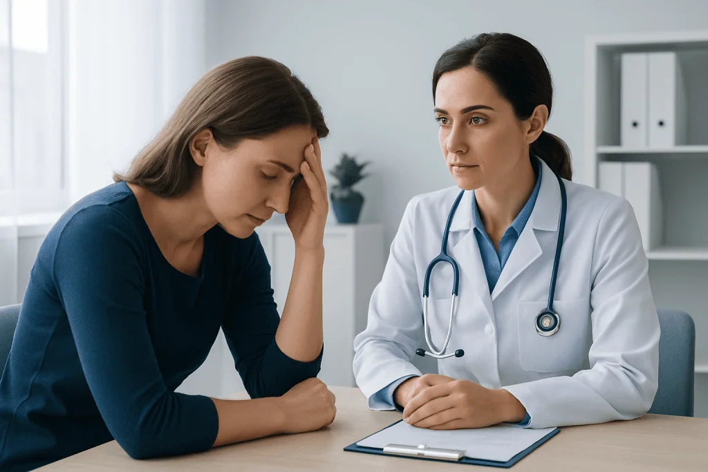 Doctor consulting with a woman experiencing headache symptoms in a clinic setting.