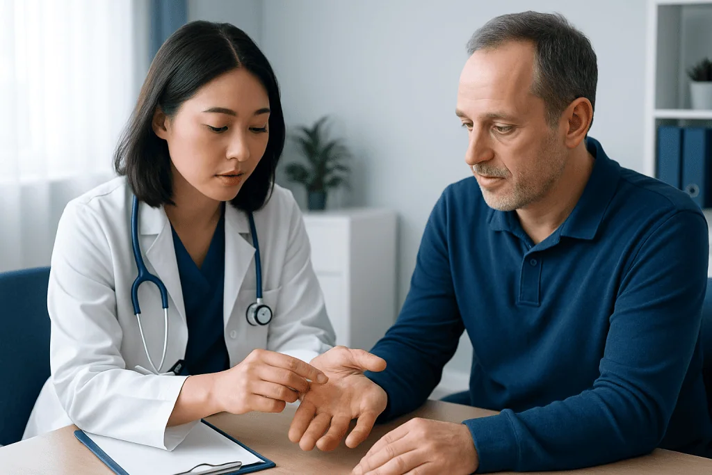 Doctor examining patient's hand for nail health assessment.