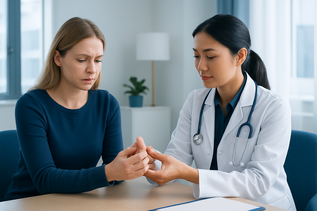 Doctor examining patient's thumb for injury or pain.