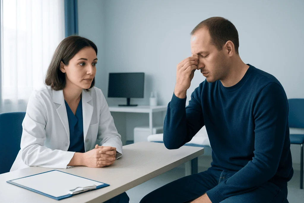 Patient consulting with doctor about health concerns in a medical office.