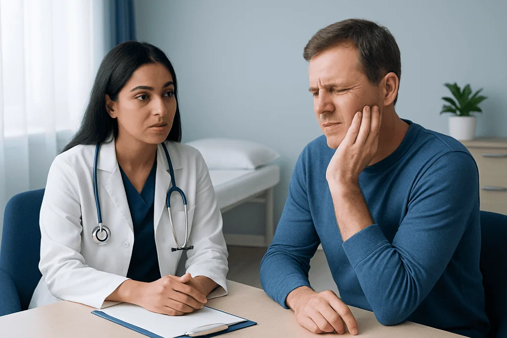 Doctor consulting with a patient experiencing jaw pain in a clinical setting.
