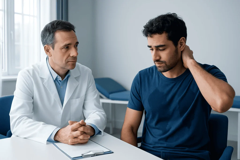 Doctor consulting with a patient about excessive sweating symptoms.