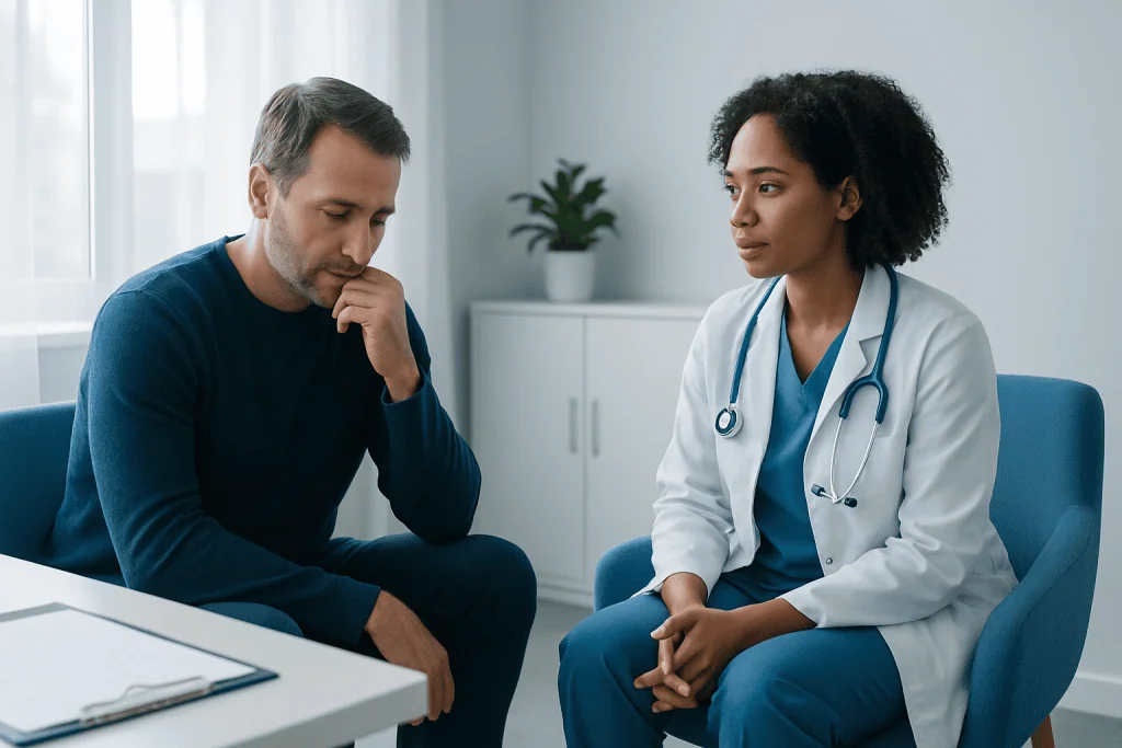 Doctor consulting male patient about health concerns in a medical office.