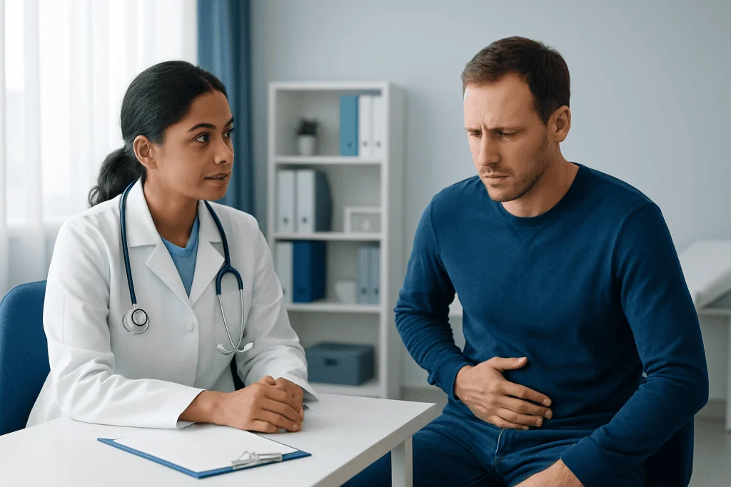 Doctor consulting with a male patient about stomach pain in a clinic.