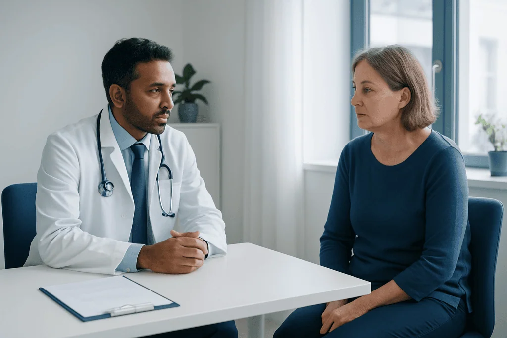 Doctor consulting with a female patient in a medical office setting.