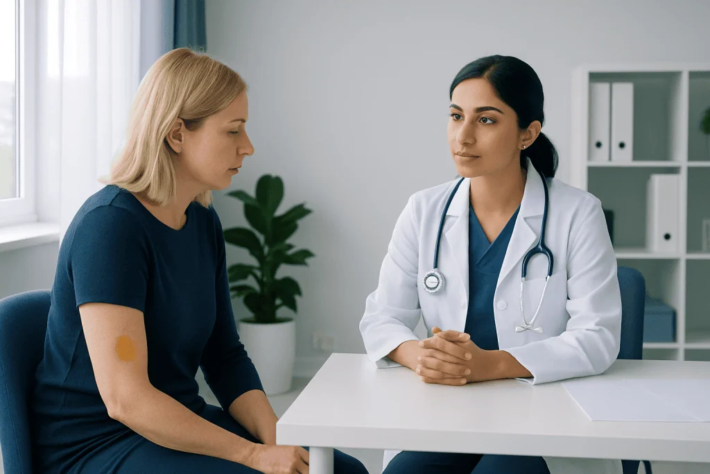 Doctor consulting with patient about skin spot in a clinical setting.