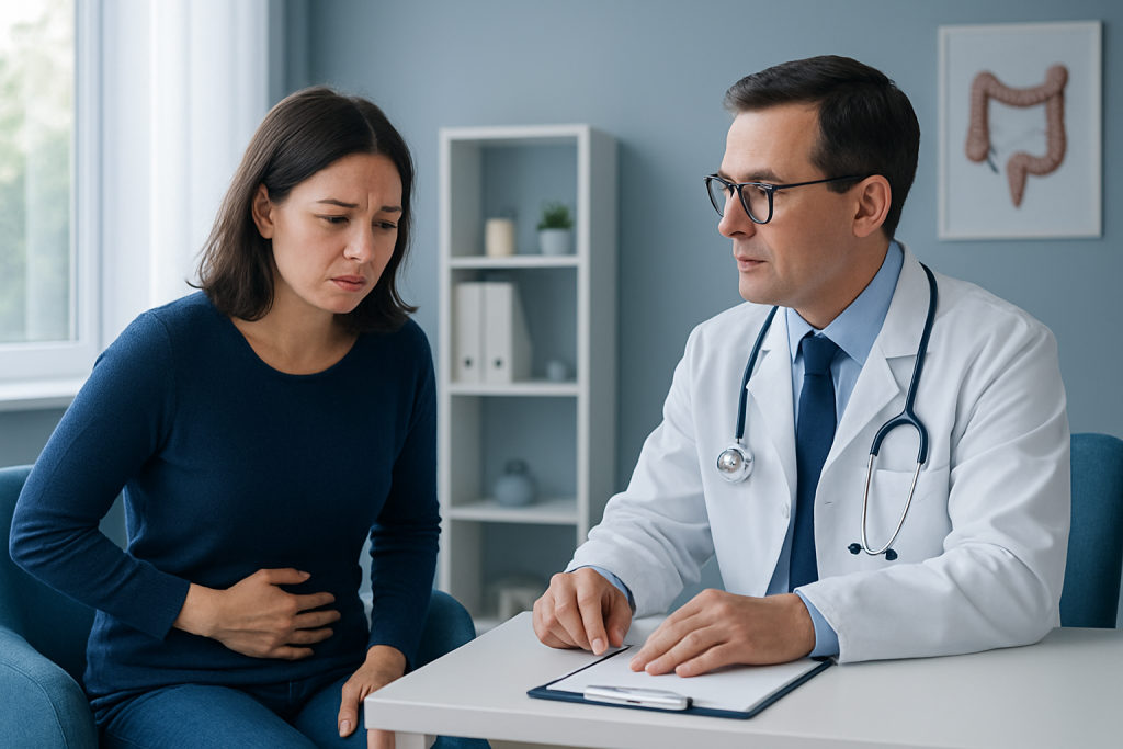 Doctor consulting with a woman about digestive health issues in a clinic.