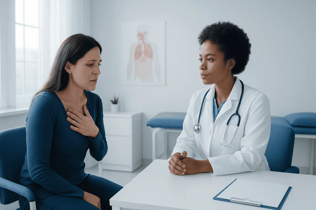 Doctor consulting with a patient about breathing issues in a medical office.