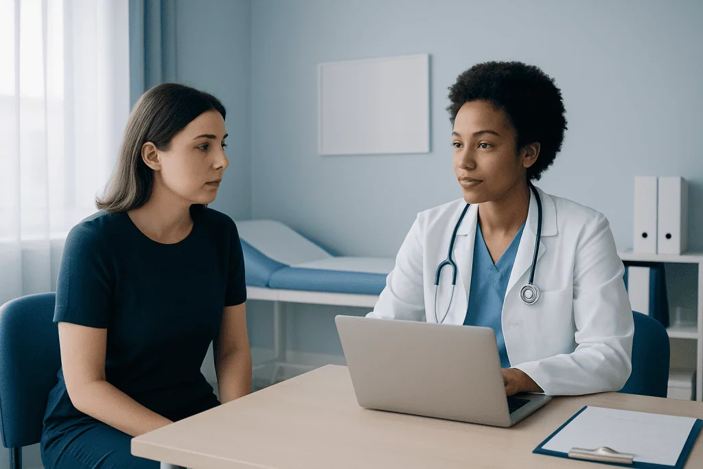 Doctor consulting with a patient in a medical office setting.