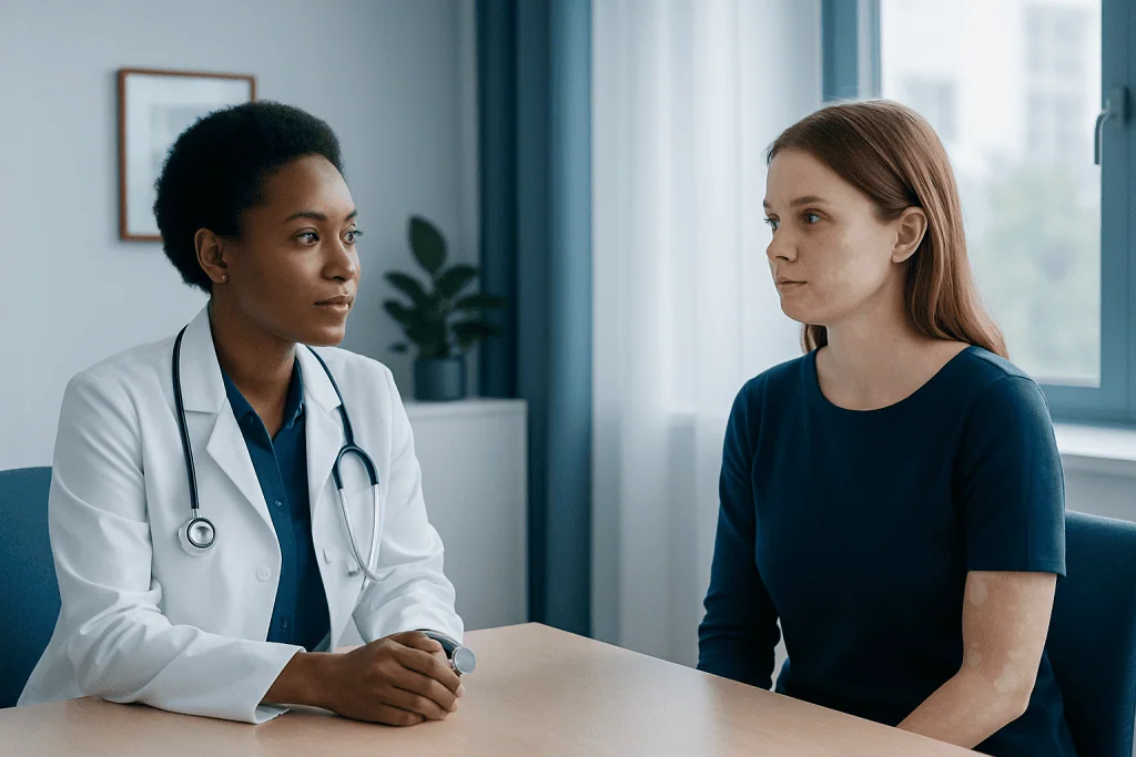 Doctor consulting with a patient in a medical office setting.
