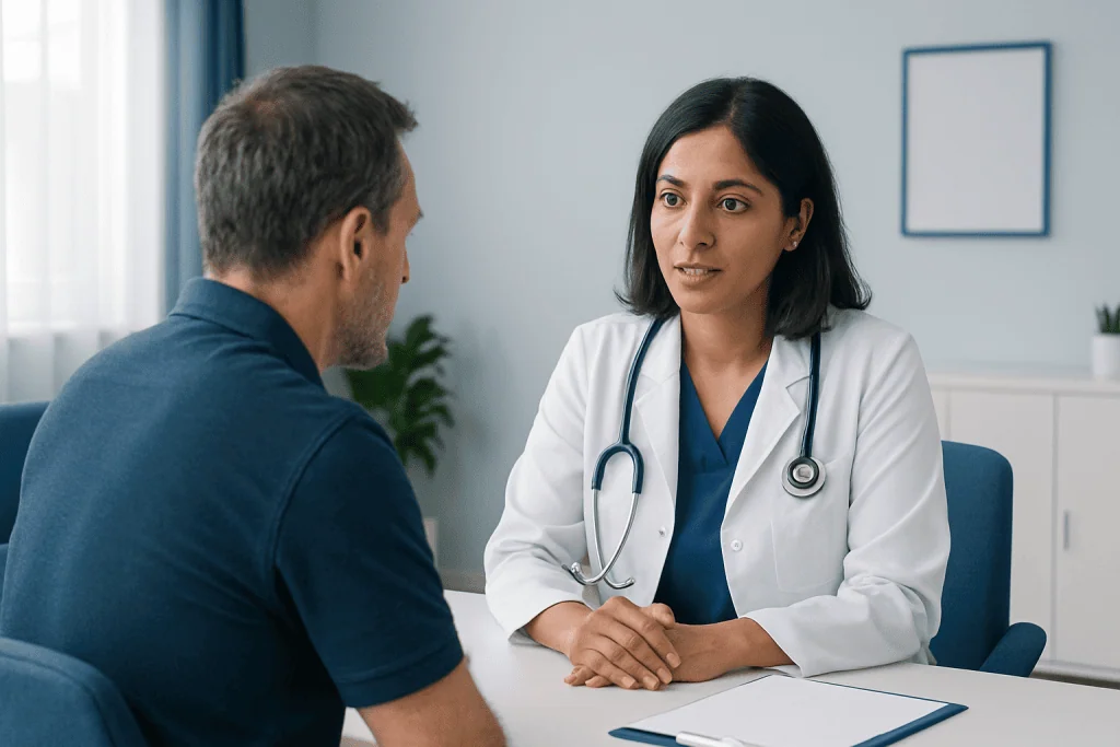 Doctor consulting with a patient about health concerns in a modern clinic.
