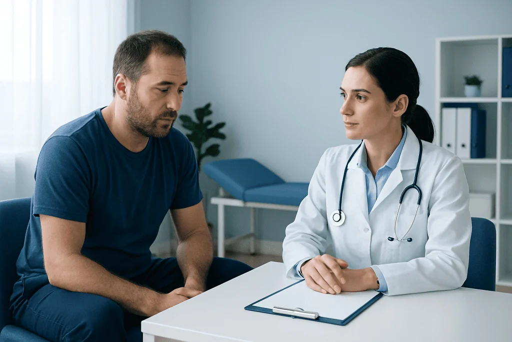 Doctor consulting with male patient in a medical office.