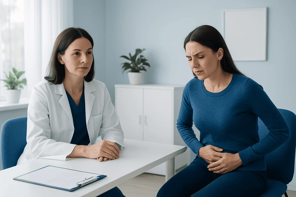 Doctor consulting with a woman patient about bowel health issues.