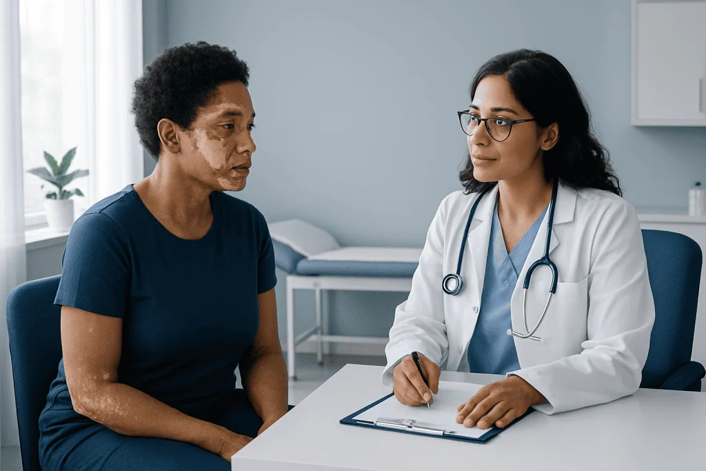 Doctor consulting with a patient about skin discoloration in a clinical setting.