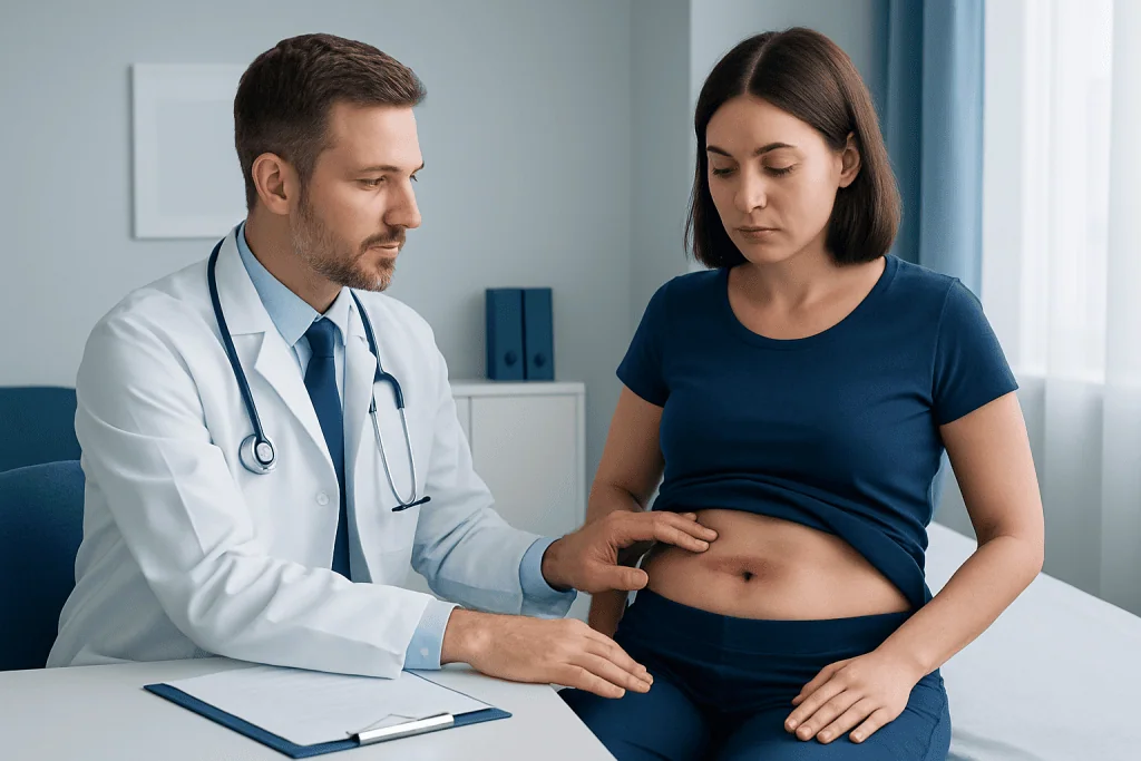 Doctor examining a woman's abdomen in a medical consultation room.