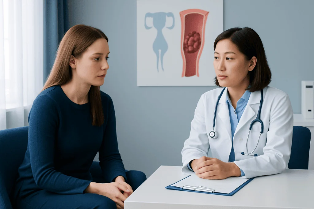 Doctor consulting patient about blood clots in the leg.