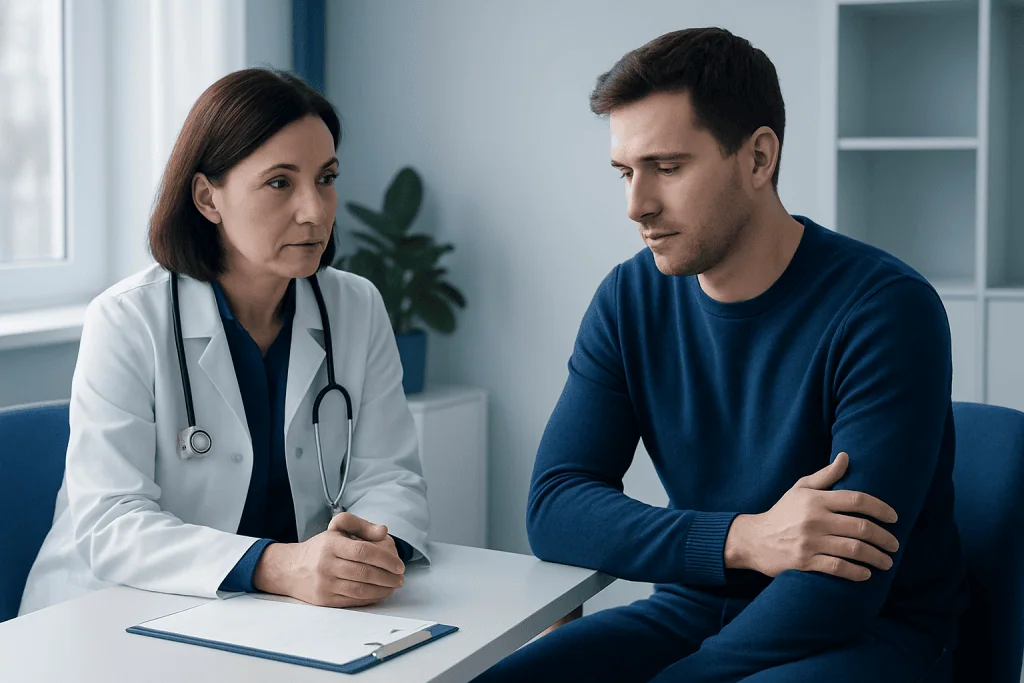 Doctor consulting with a male patient in a medical office setting.