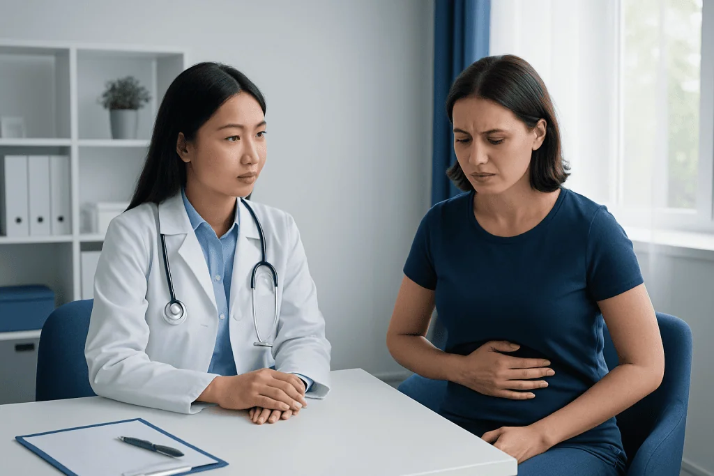 Doctor consulting a patient with stomach pain in a clinic setting.