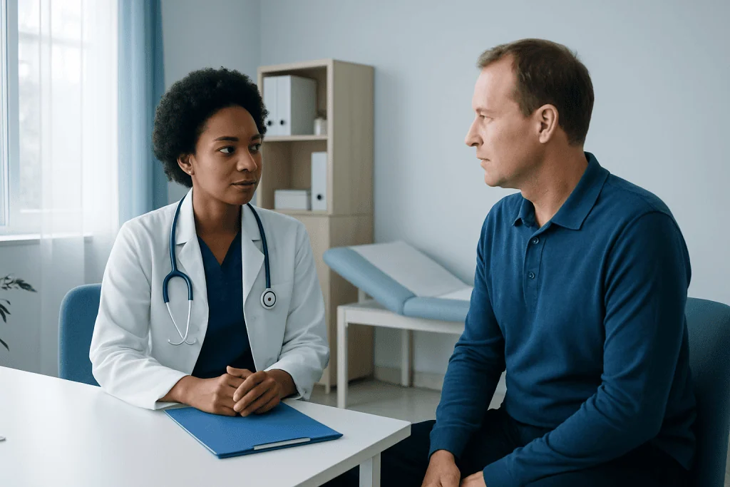 Doctor consulting with a patient in a medical office at Acibadem Hospitals Group.