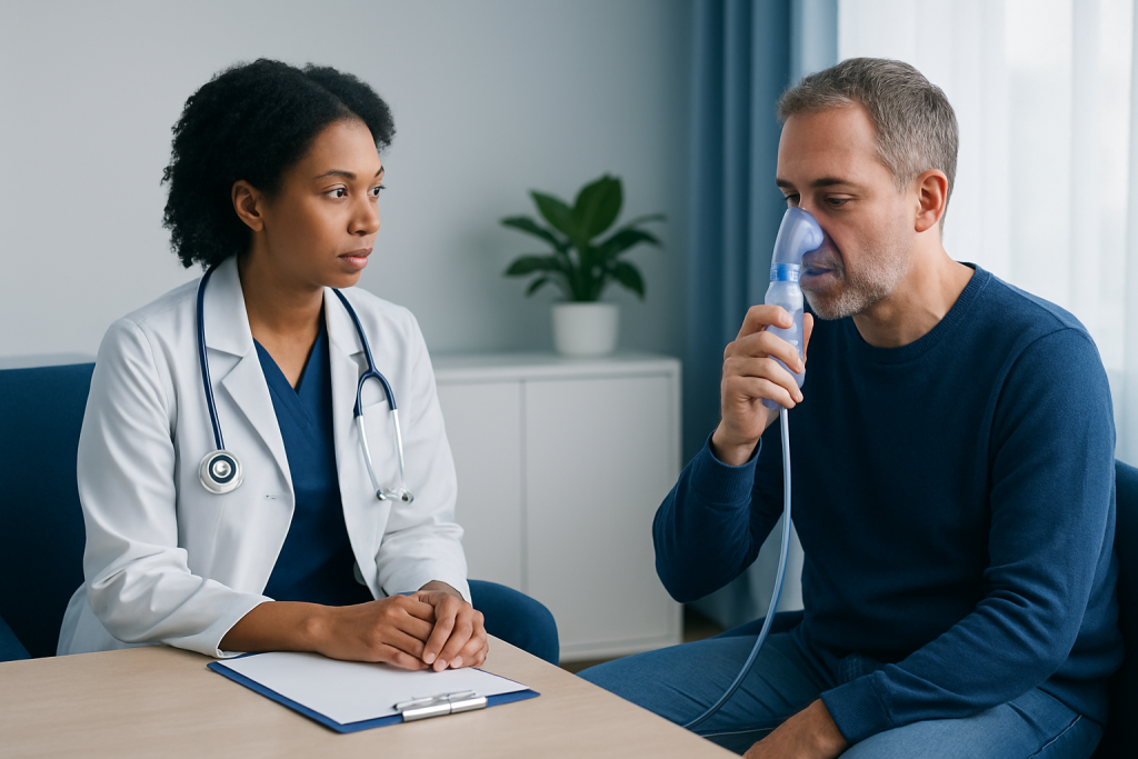 Doctor explains inhaler use to patient in a consultation room.