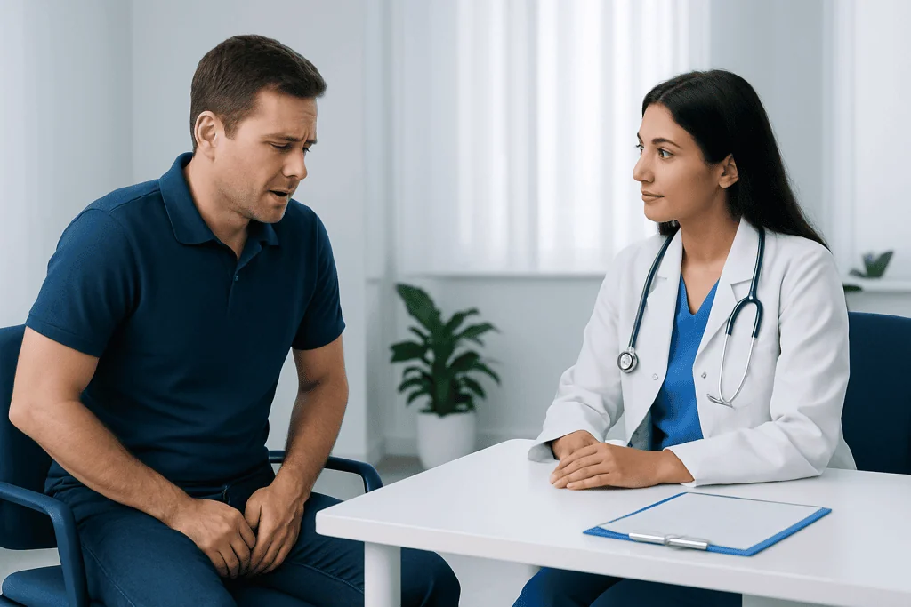 Doctor consulting with a male patient about groin pain in a clinical setting.