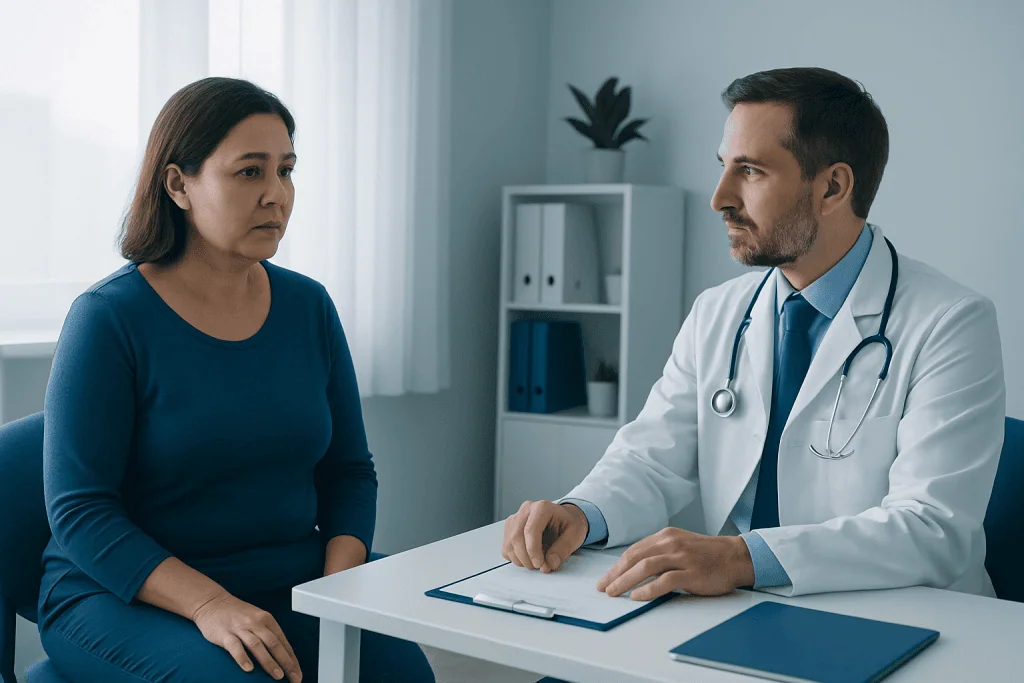 Doctor consulting with a patient about enlarged uterus symptoms and treatment options.