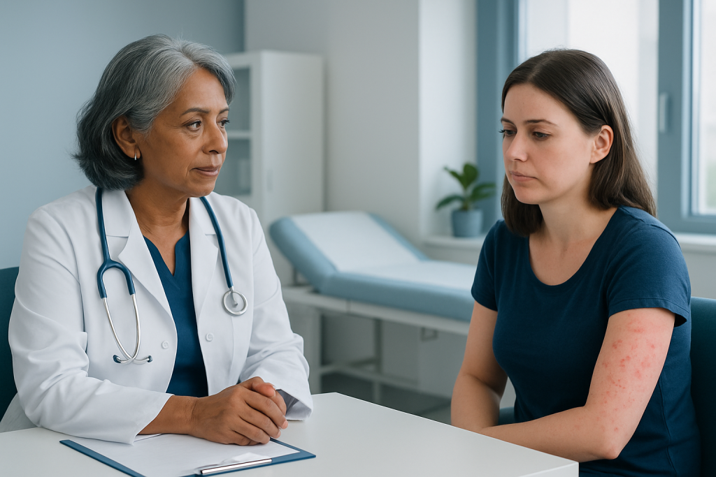 Doctor consulting with a young female patient in a medical office.