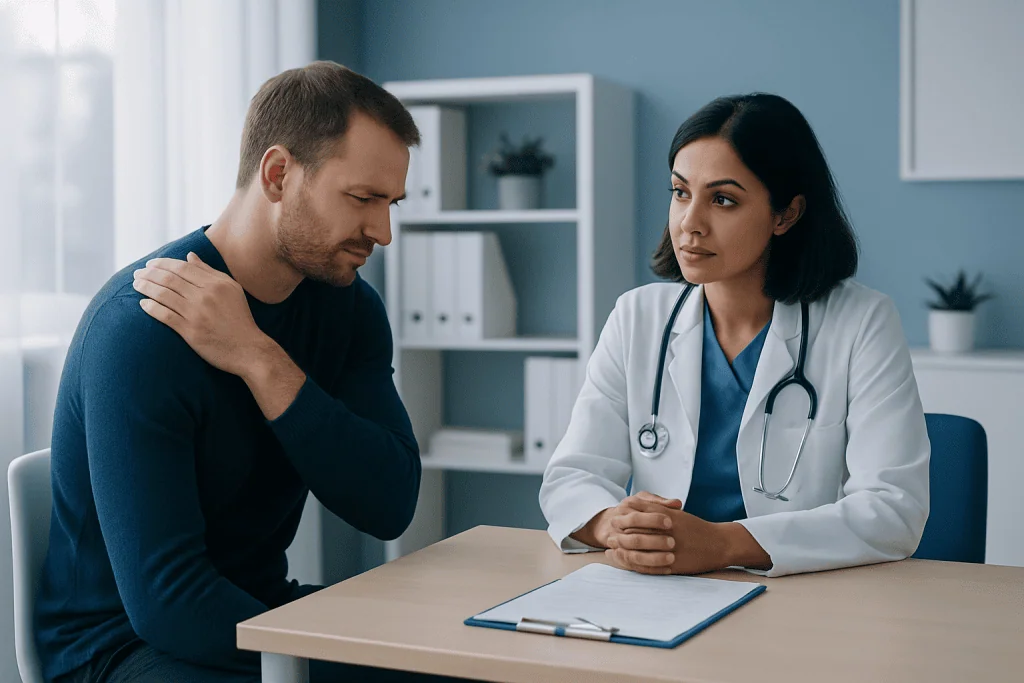 Patient consulting doctor about right shoulder pain in a medical office.