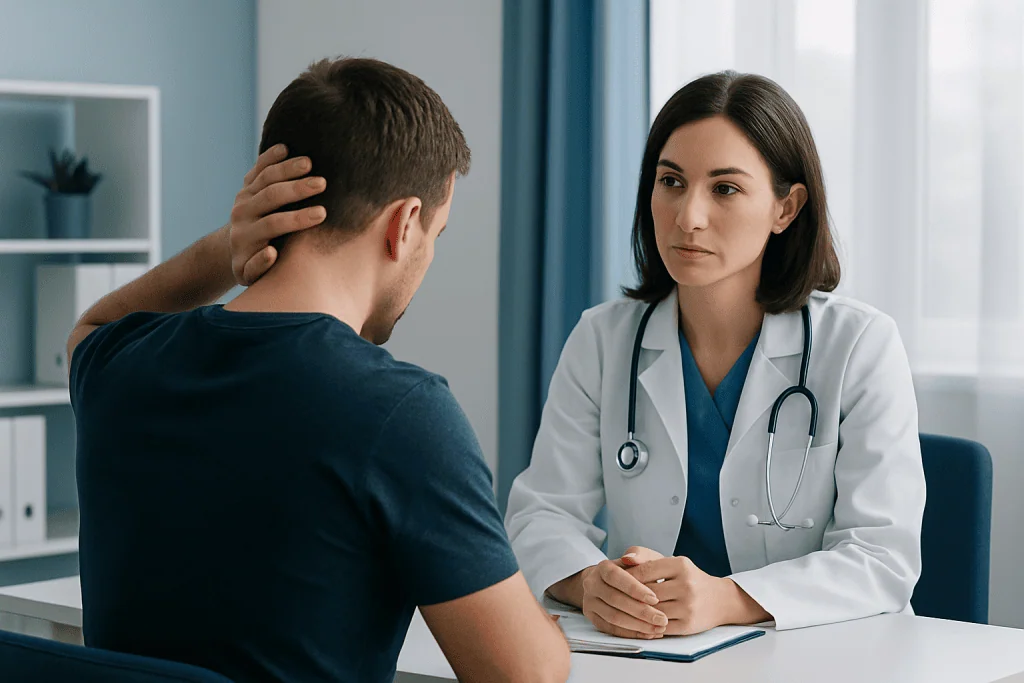 Doctor consulting patient about headache at clinic.