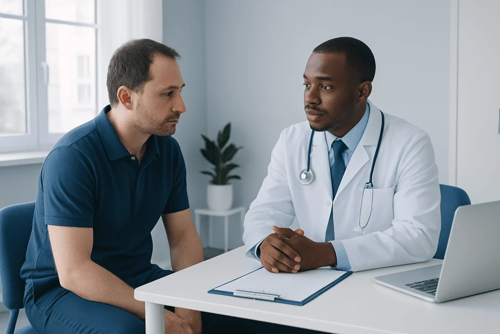 Doctor consulting with male patient in a medical office.
