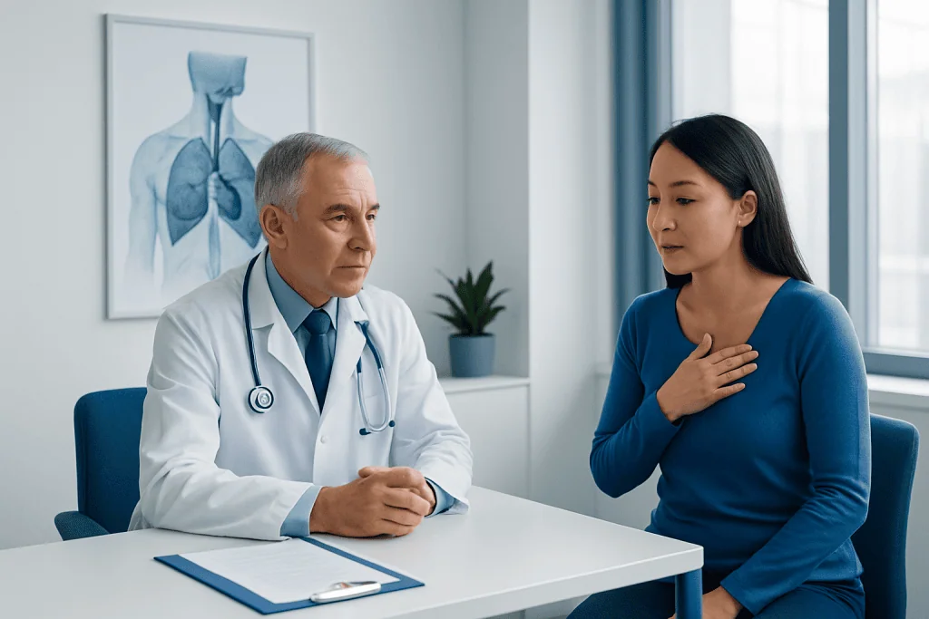 Doctor consulting with patient about mediastinal lymphadenopathy.