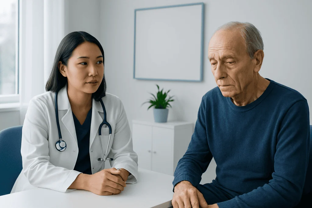 Doctor consulting elderly patient about skin health in a clinic setting.